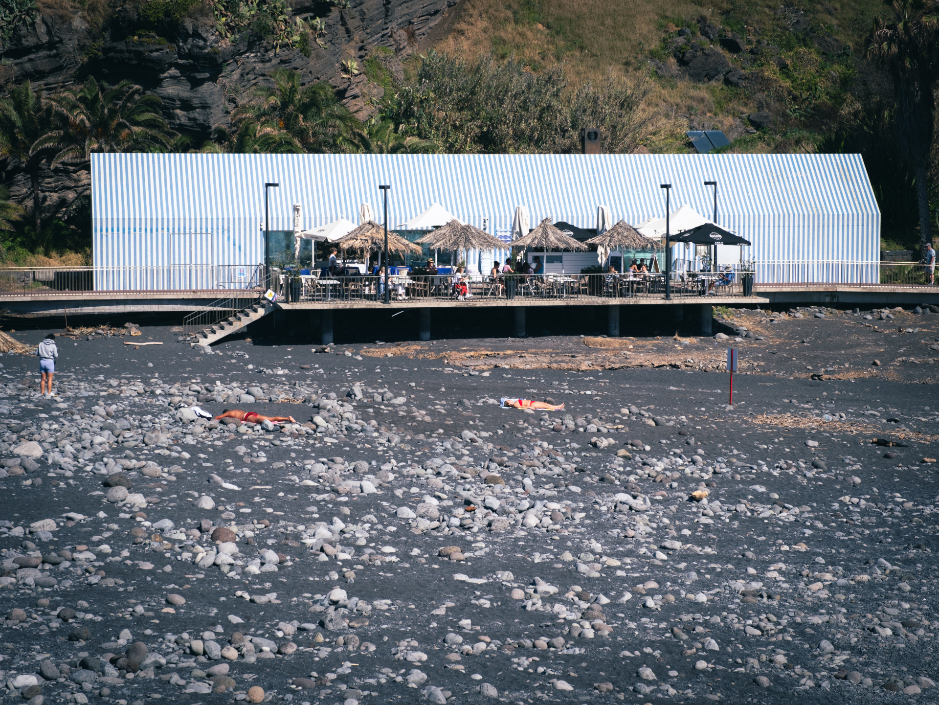 Praia Formosa Black Sand Beach & Striped Pavilion, Madeira