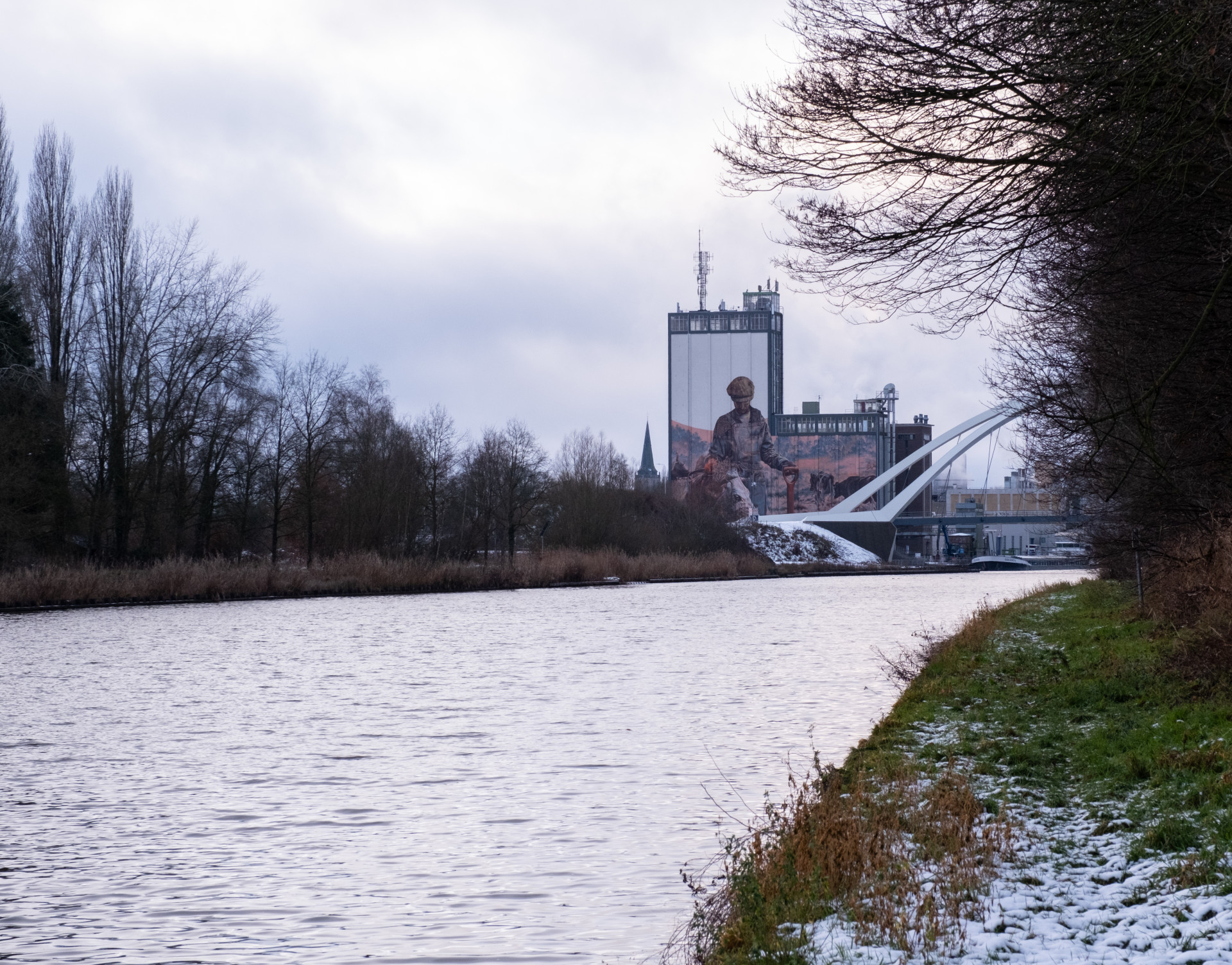 Winter Canal View with Modern Art