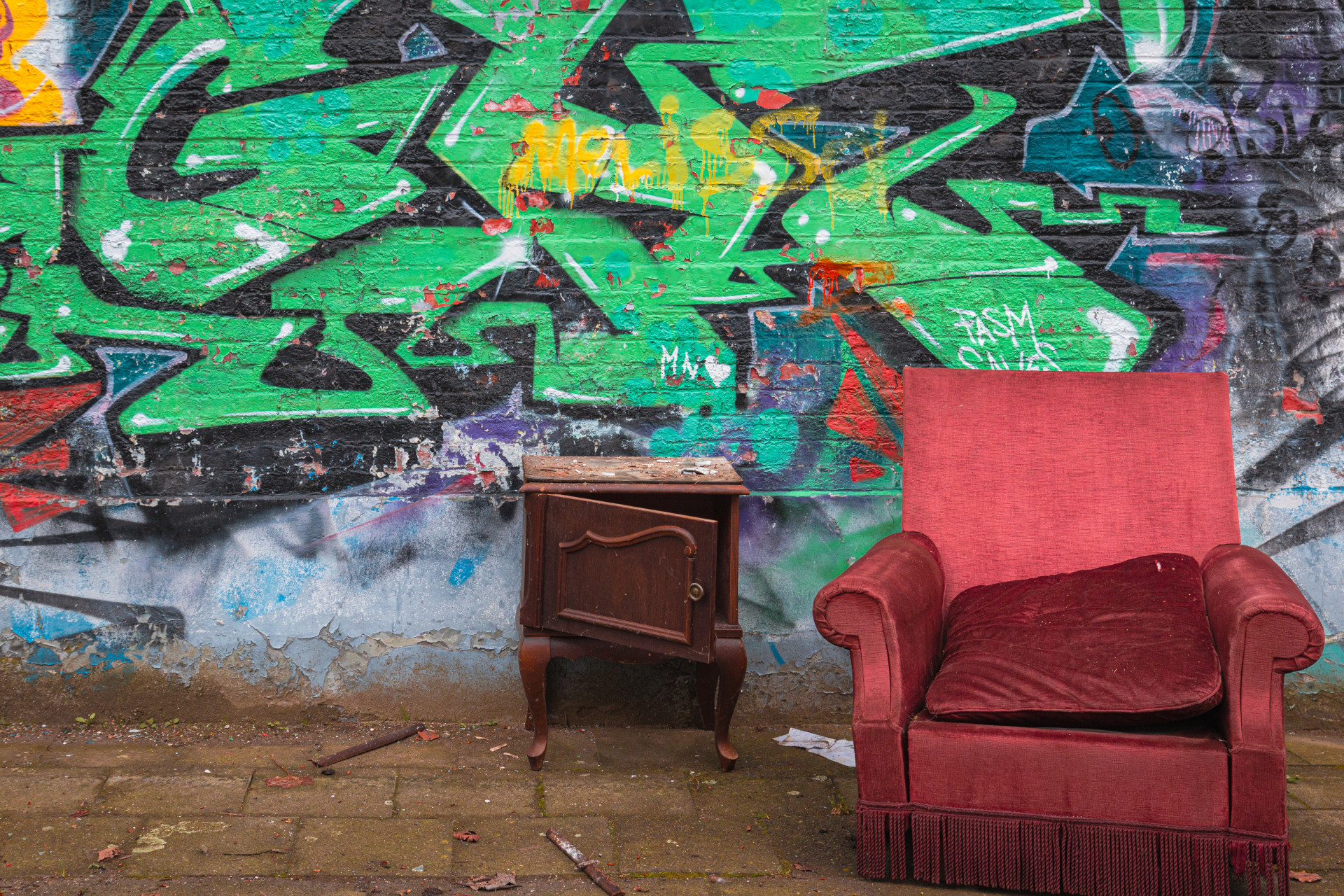 Graffiti and Abandoned Armchair in Doel