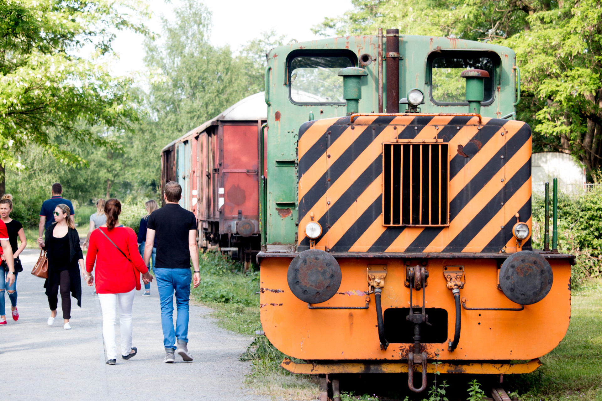 Historic Train and Strolling Visitors